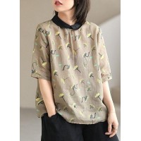 Stylish Khaki Patchwork Pullover Summer Linen Shirt Top Short Sleeve