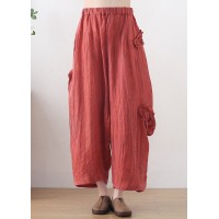 Bohemian Red Elastic Waist Pockets Linen Harem Pants Summer