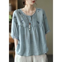 Plus Size Light Blue Grey Button Linen Tops Half Sleeve