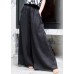 Modern Black Pockets Embroideried Floral Elastic Waist Linen Wide Leg Pants Summer