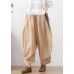 Plus Size Khaki Elastic Waist Wrinkled Patchwork Linen Harem Pants Summer