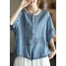 Retro Blue O-Neck Ruffled Button Drawstring Top Half Sleeve