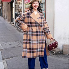 women khaki Plaid Coats plus size Notched Winter coat fine side open pockets wool jackets