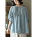 Plus Size Light Blue Grey Button Linen Tops Half Sleeve