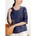 Vintage Tibetan Blue button O-Neck print Linen Shirt Tops Half Sleeve