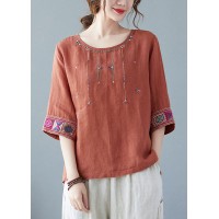 Stylish Orange Embroideried Shirt Tops Half Sleeve