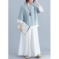 French gray cotton Tunic pattern v neck half sleeve summer shirts