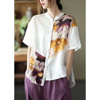Women White asymmetrical design Print Loose Fall Shirt Half Sleeve