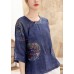 Vintage Tibetan Blue button O-Neck print Linen Shirt Tops Half Sleeve