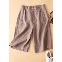 Casual Brown Pockets elastic waist Button Linen Straight Pants Summer