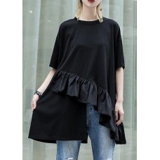 Organic black cotton Blouse rrffles hem oversized summer tops