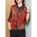 Vintage Red Mandarin Collar Print Silk Shirt Tops Half Sleeve