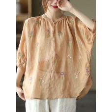 French Orange low high design O-Neck Embroideried Linen Tops Half Sleeve