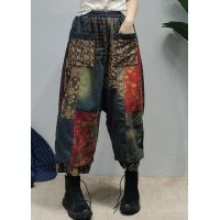 Unique Black elastic waist pocket Patchwork Cotton Pants Spring