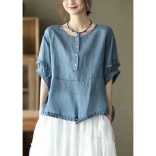 Retro Blue O-Neck Ruffled Button Drawstring Top Half Sleeve