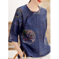 Vintage Tibetan Blue button O-Neck print Linen Shirt Tops Half Sleeve