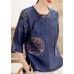 Vintage Tibetan Blue button O-Neck print Linen Shirt Tops Half Sleeve