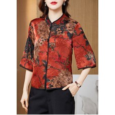 Vintage Red Mandarin Collar Print Silk Shirt Tops Half Sleeve