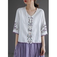 Diy White Button Embroideried Summer Linen Half Sleeve Shirt Top